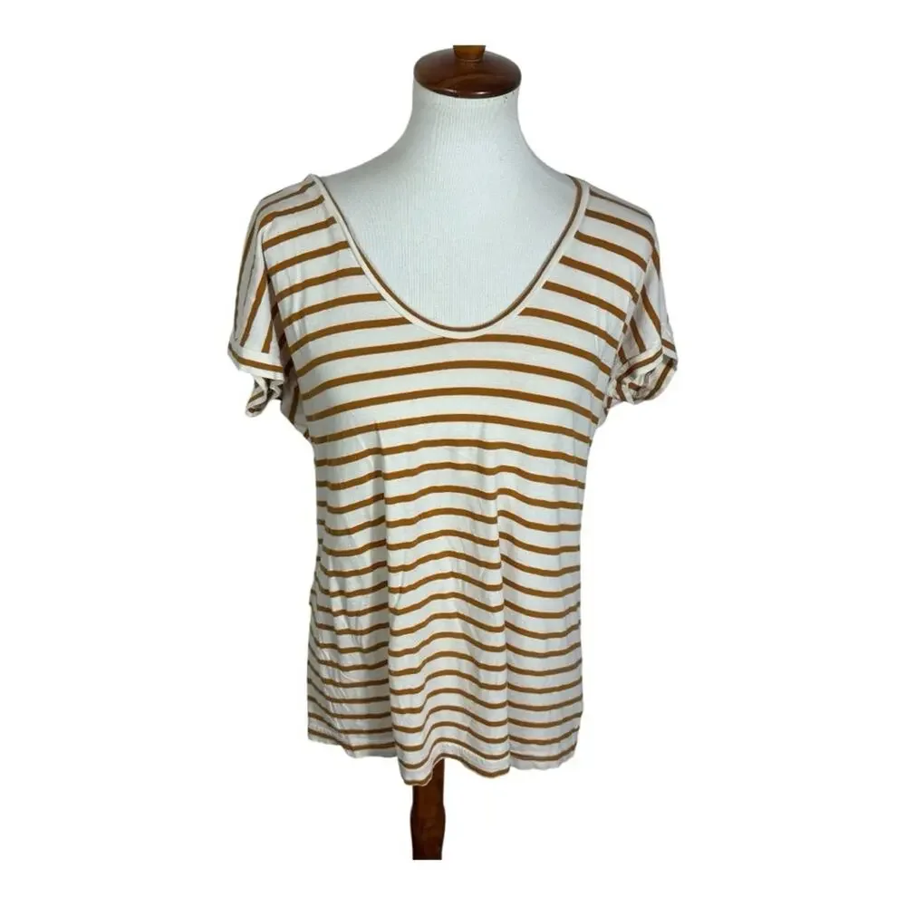 Tory Burch Soft Striped V Neck Brown and White Women's Tee Size L